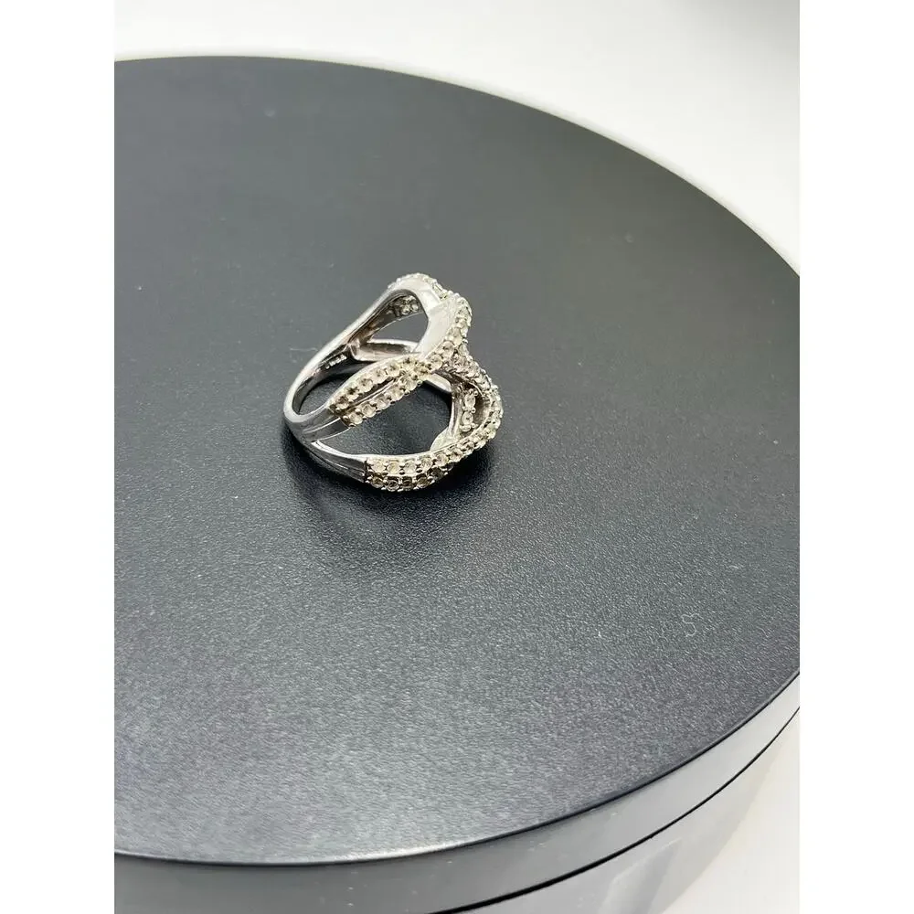 JWBR Sterling Silver White Sapphire Crossover Ring Sz‎ 7.25  Pave Setting 6.6g
